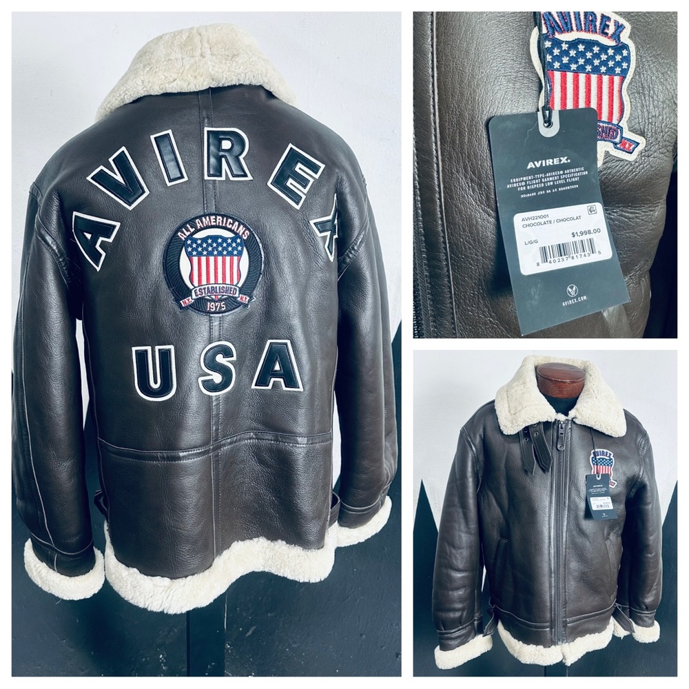 Avirex USA Icon Chocolate Brown Leather Bomber Jacket with Sherpa Lining - NEW!